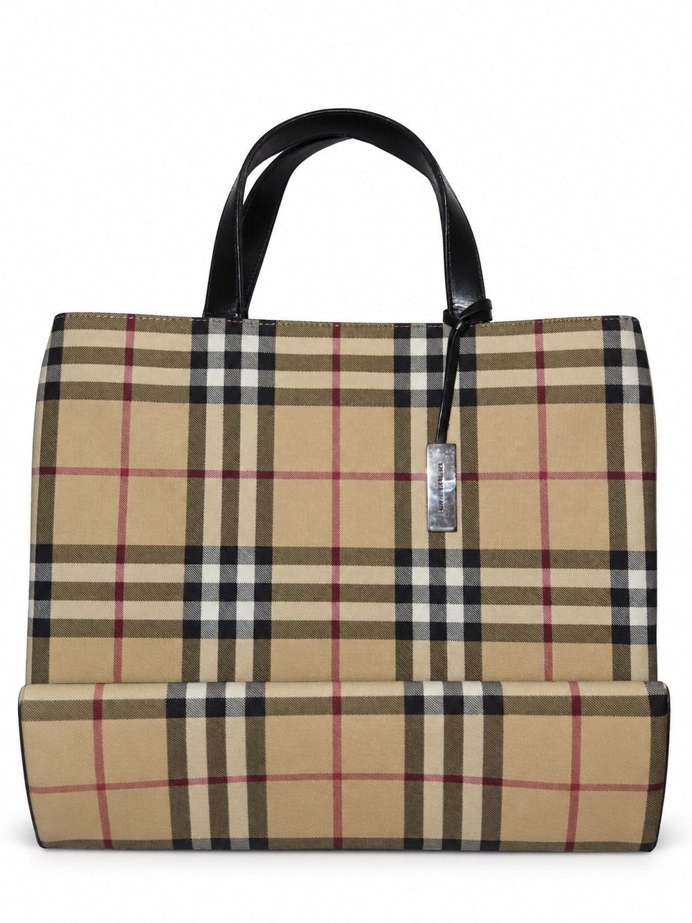 Burberry Tan Vintage Check Tote with Black Handles